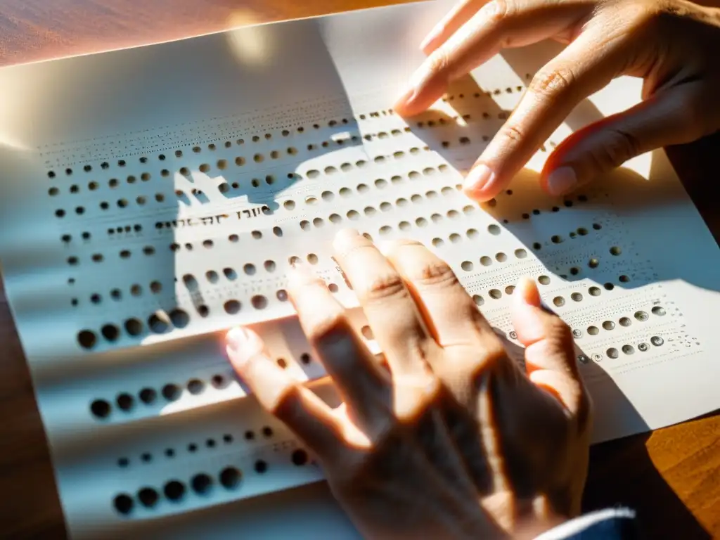 Un artista explora un texto en braille con sus manos, destacando el impacto de la escritura Braille en experiencias artísticas inclusivas