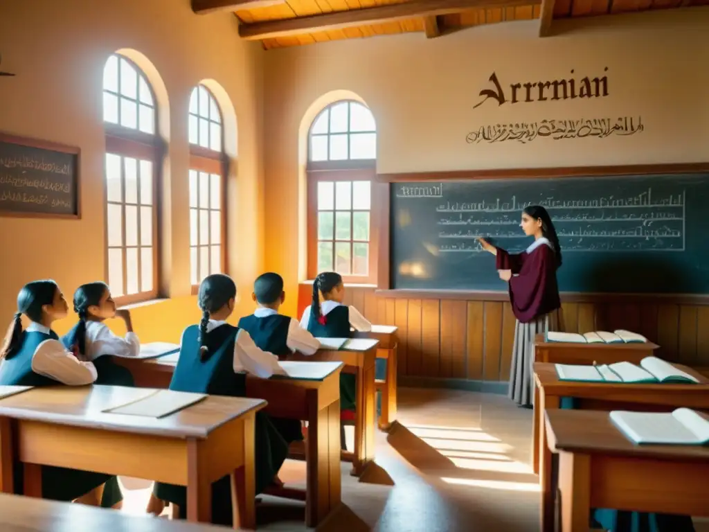 En una aula tradicional armenia, los estudiantes se concentran en aprender el alfabeto armenio mientras el profesor escribe en la pizarra