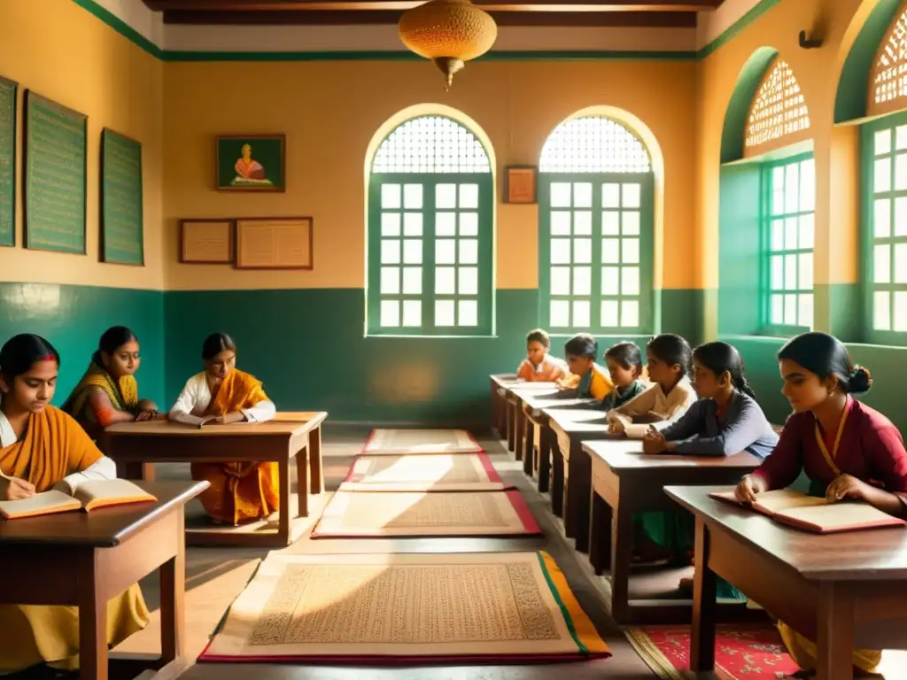 Un aula tradicional bengalí llena de luz dorada, estudiantes y material didáctico completo bengalí