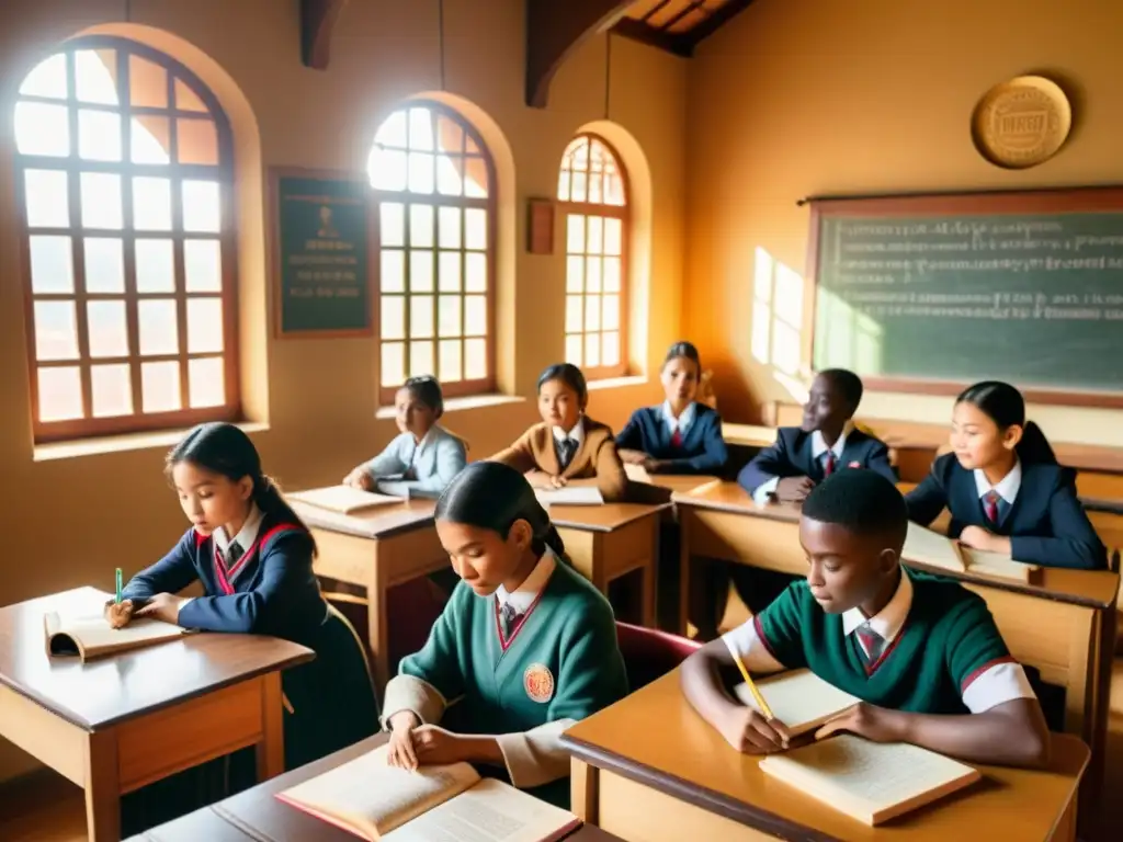 Una aula vintage llena de diversidad cultural y preservación lingüística en culturas UNESCO, estudiantes orgullosos hablan en sus idiomas nativos