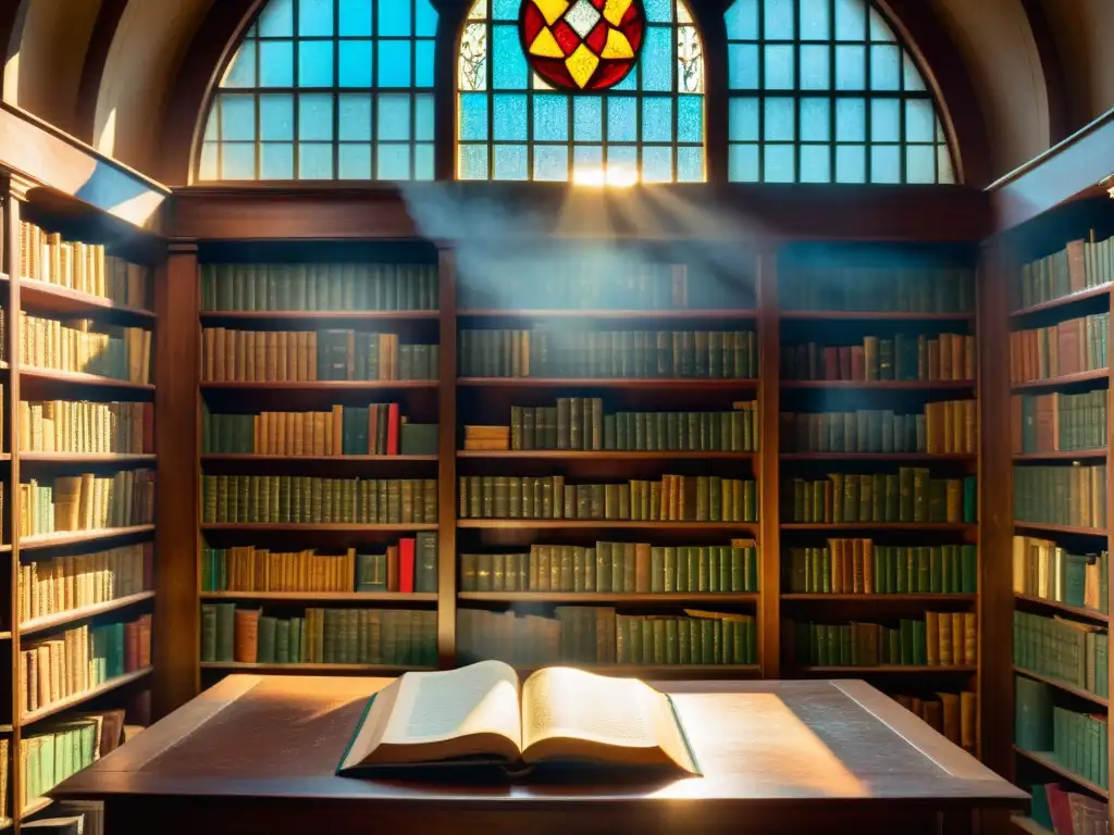 Una biblioteca antigua iluminada por luz tenue, donde pergaminos revelan historias fascinantes y secretos perdidos