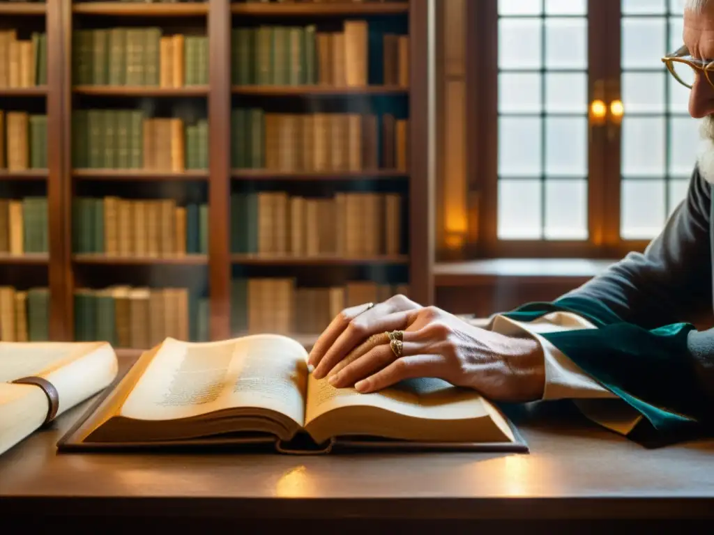 Una biblioteca antigua iluminada por una luz suave revela manos que exploran un manuscrito centenario, invitando a comprender escrituras olvidadas