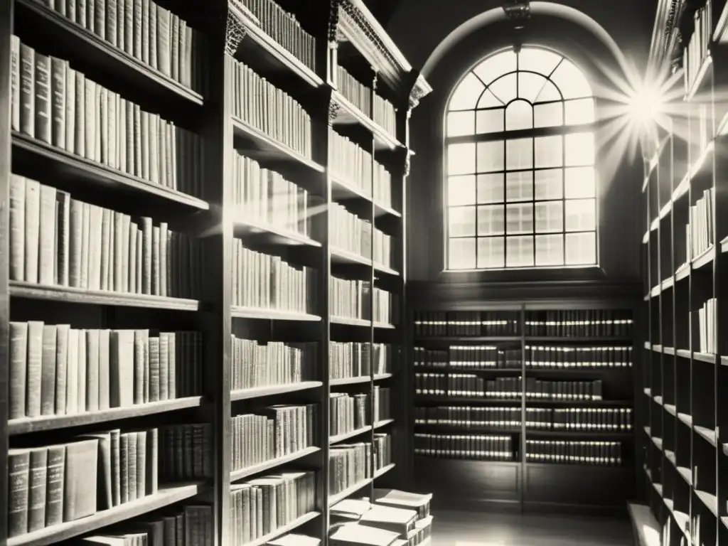 Una biblioteca antigua llena de libros históricos, bañada por la luz del sol