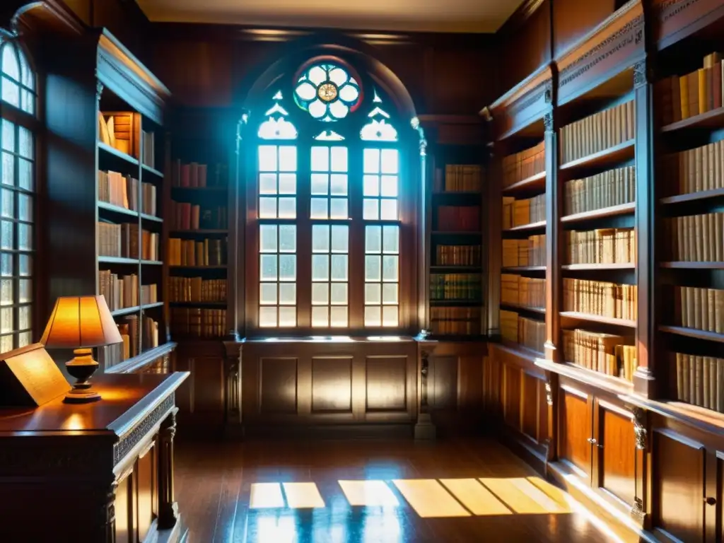 Una biblioteca antigua y polvorienta llena de manuscritos históricos y libros encuadernados en cuero