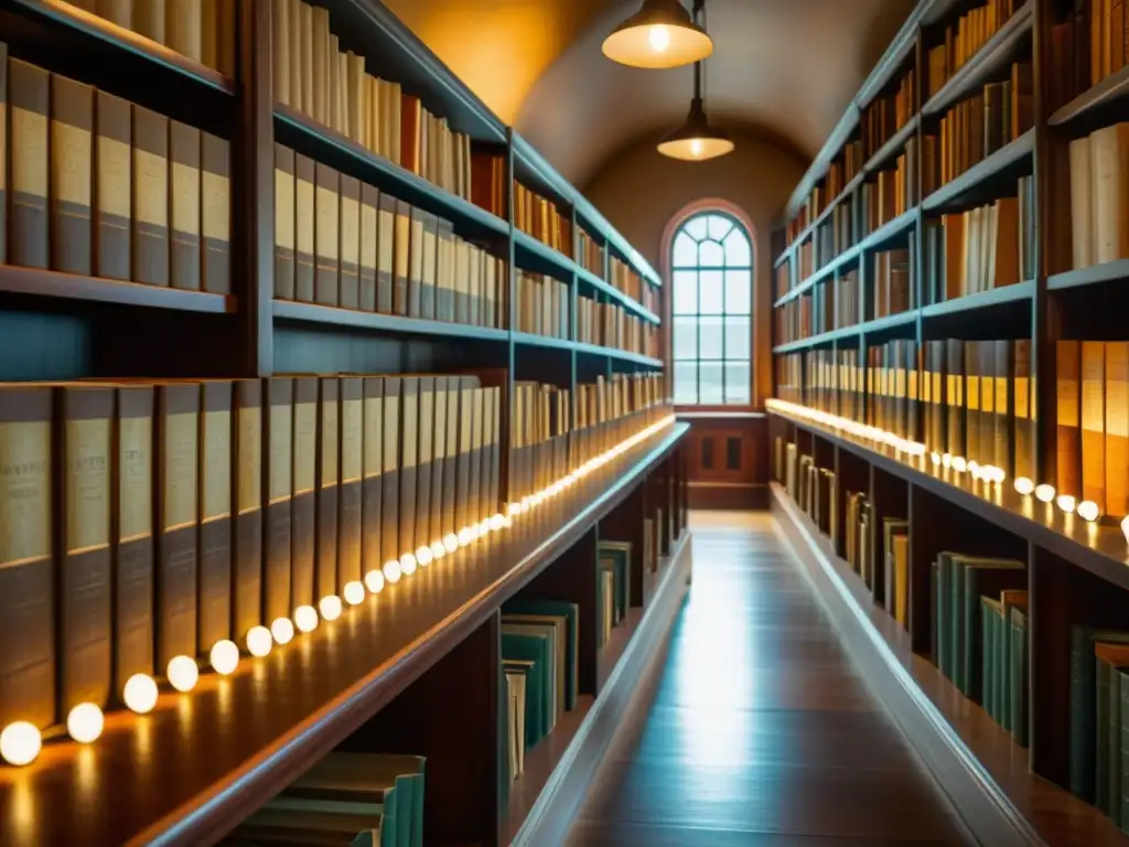 Una biblioteca vintage con libros antiguos en encuadernación de cuero, mesas de madera y documentos en pergamino