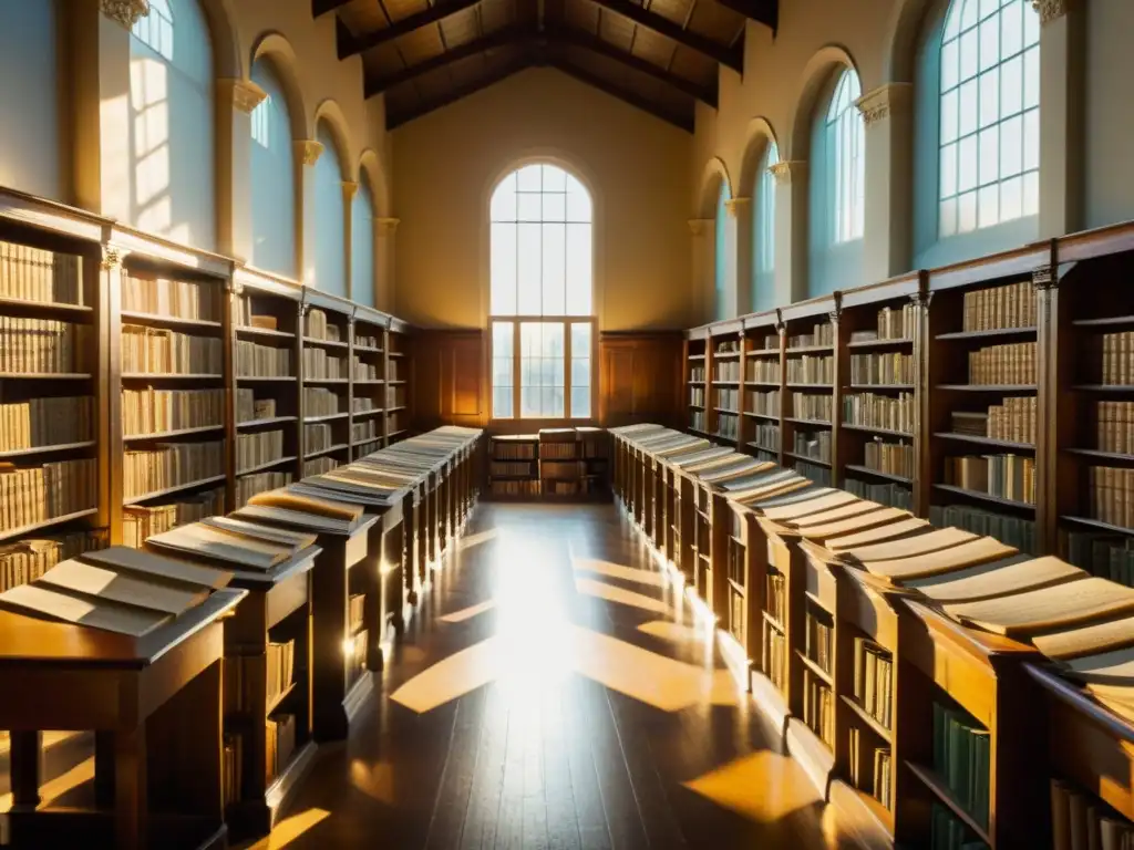 Una biblioteca vintage llena de libros antiguos y documentos, iluminada por la cálida luz dorada