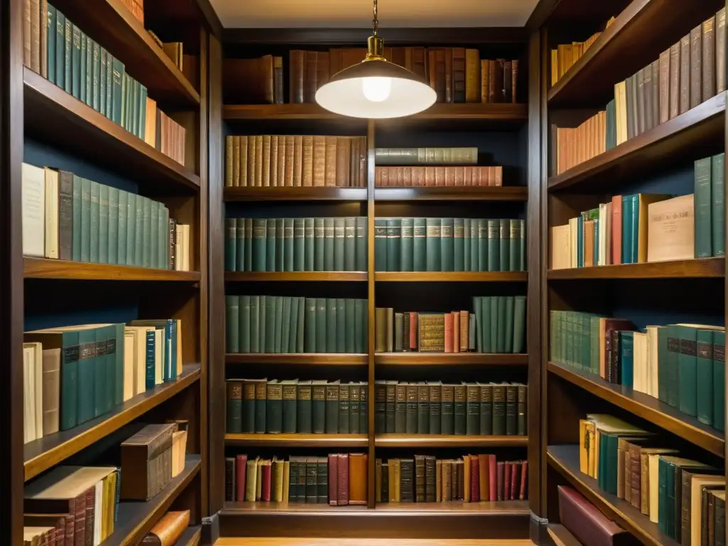 Una biblioteca vintage meticulosamente organizada con libros antiguos en estantes de madera oscura, iluminada cálidamente