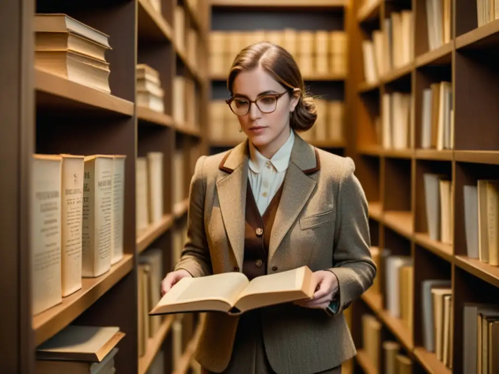 Un bibliotecario maneja con cuidado un documento antiguo en un archivo tenue, rodeado de libros antiguos