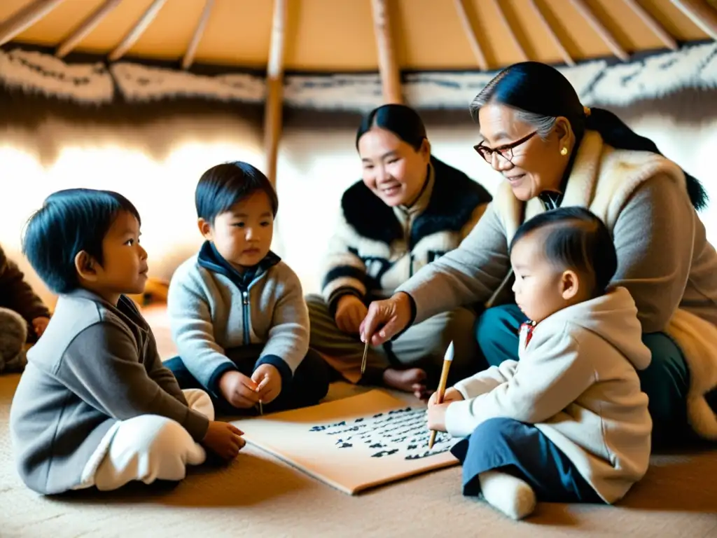 Una fotografía en blanco y negro de un anciano Inuk enseñando a niños Inuit a escribir en Inuktitut en una acogedora habitación iluminada