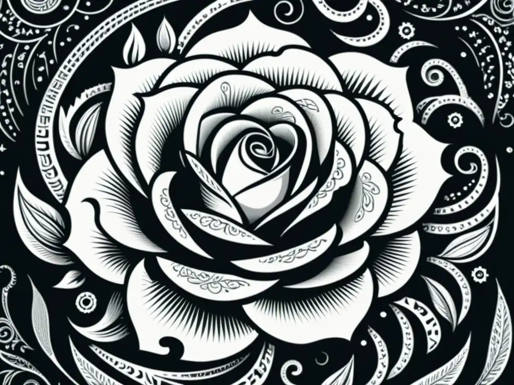 Una ilustración en blanco y negro de una rosa con detalles simbólicos, representando el impacto del simbolismo en poesía modernista