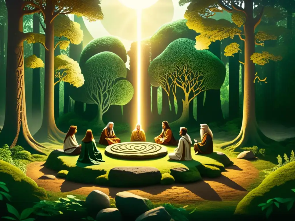 Un bosque místico con druidas reunidos alrededor de una piedra sagrada, en una ilustración vintage de alta resolución