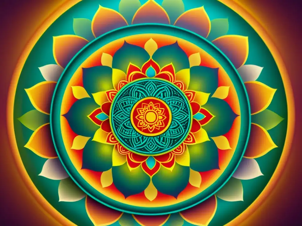 Una mandala budista con vibrantes colores y patrones geométricos precisos