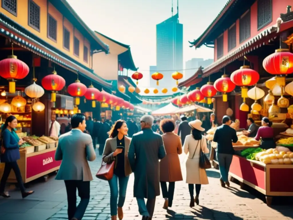 Un bullicioso escenario urbano con gente de diversas culturas interactuando con Apps de traducción en tiempo real, exudando conexión intercultural