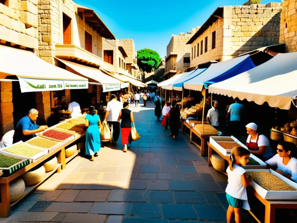 Un bullicioso mercado en la antigua Byblos, Líbano, con puestos de papiro, cerámica y especias