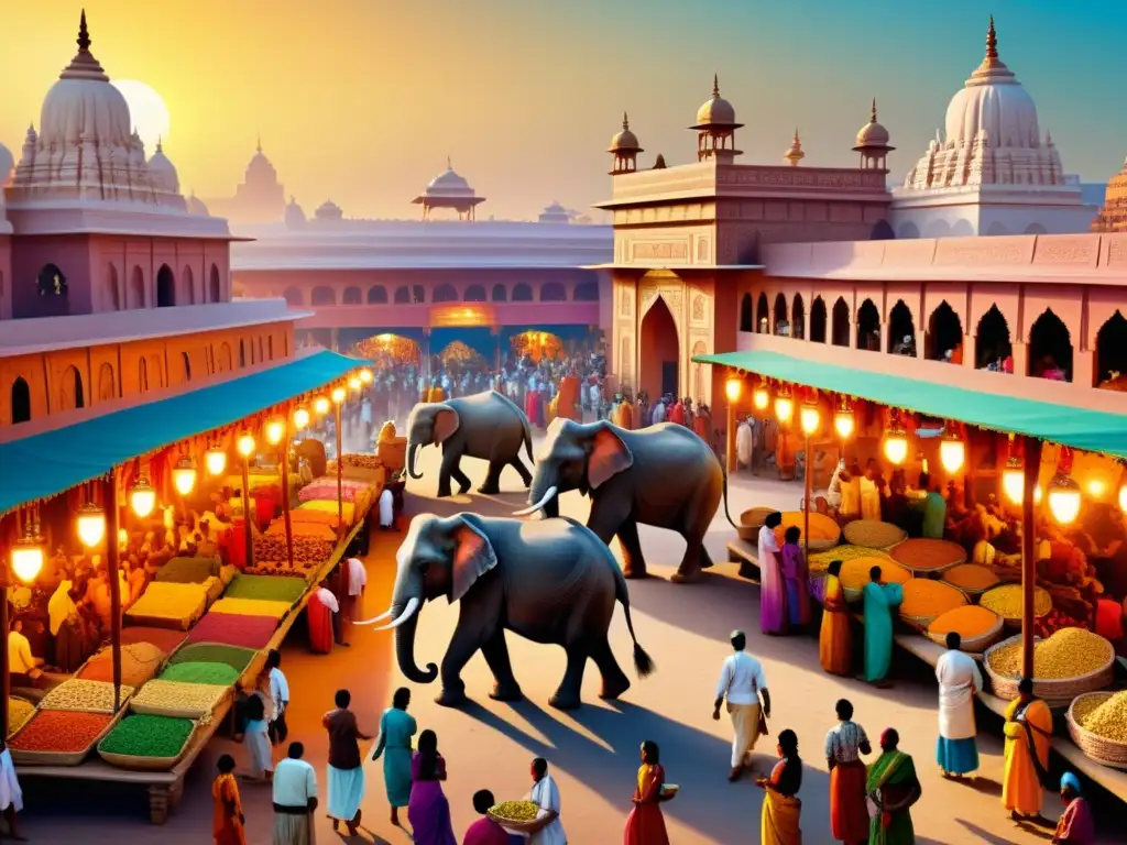 Un bullicioso mercado antiguo en la India con colores vibrantes y una sensación de grandeza cultural