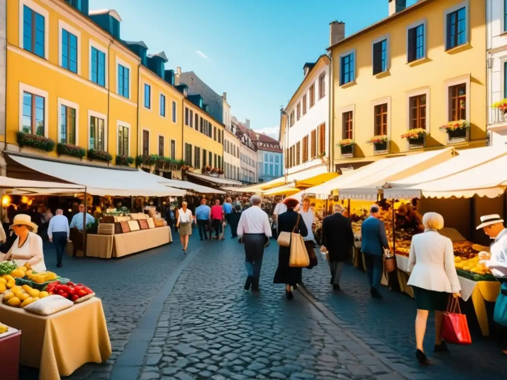 Un bullicioso mercado en una ciudad europea vintage, con calles empedradas y edificios coloridos