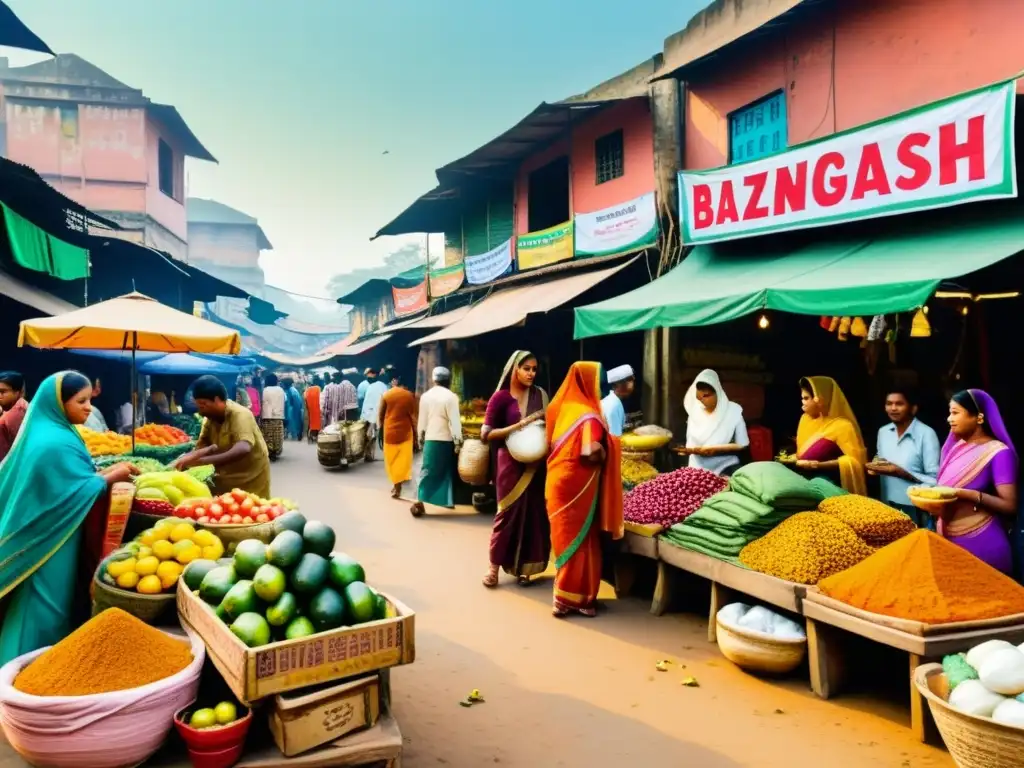 Un bullicioso mercado de Bangladesh con saris, turbantes, frutas exóticas y especias