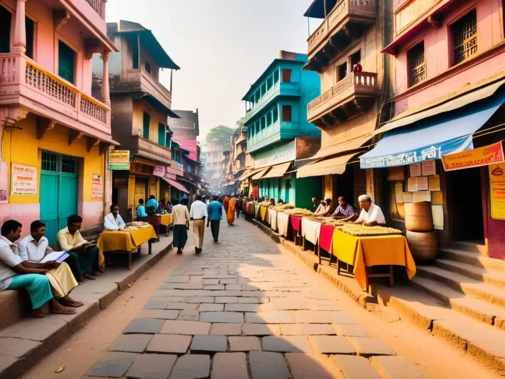 Un bullicioso taller de escritura sánscrita hindi en Varanasi, India, con calles coloridas y gente llevando a cabo sus actividades diarias