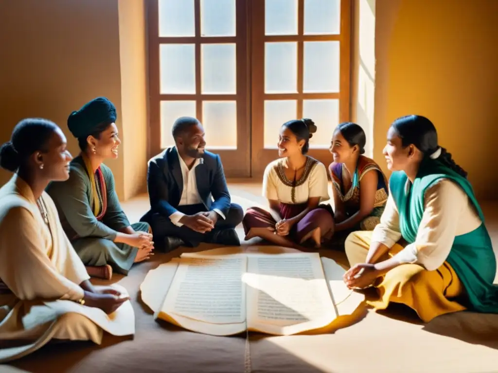 Un cálido debate en un círculo de personas diversas, vistiendo trajes tradicionales y sosteniendo manuscritos antiguos en idiomas en peligro