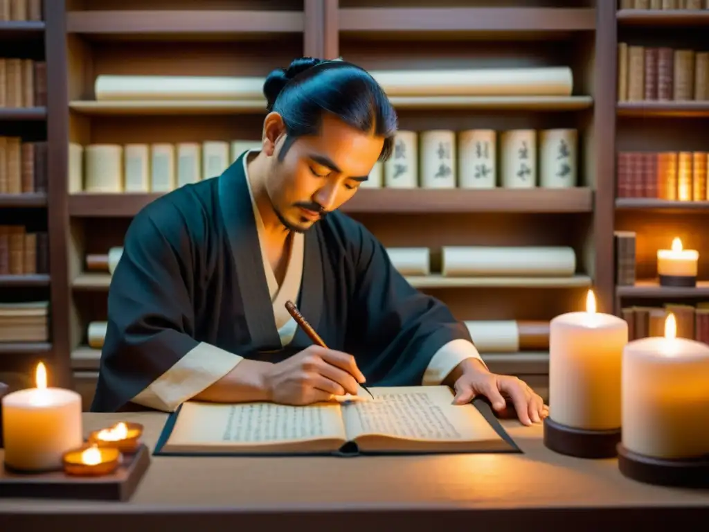 Maestro de caligrafía: Escribiendo el legado oriental Un calígrafo viste atuendo tradicional oriental, elaborando manuscritos modernos con pluma e tinta