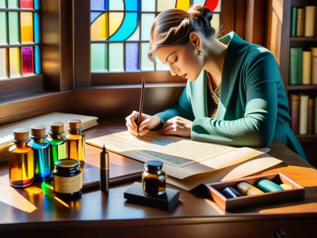 Un calígrafo contemporáneo destaca su arte con un antiguo plumín, rodeado de tinta y pergamino, bajo la cálida luz de una ventana de vitral vintage