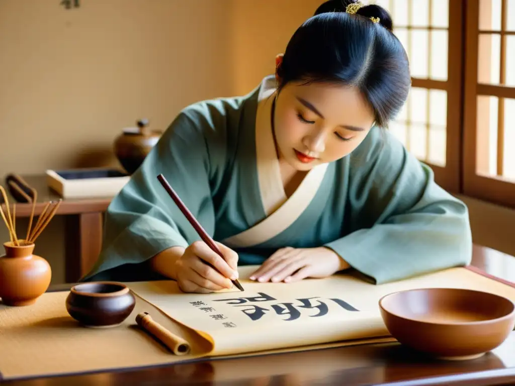 Un calígrafo coreano tradicional crea elegantes caracteres Hangul en pergamino, evocando la belleza atemporal de la escritura coreana