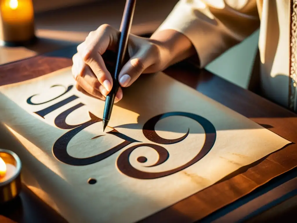 Un calígrafo crea elegantes letras árabes con una pluma tradicional en pergamino envejecido, iluminado por una lámpara de aceite