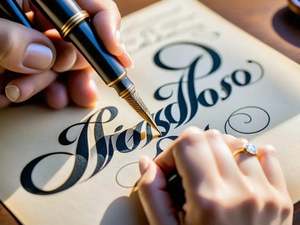 Un calígrafo experto realiza una elegante escritura con pluma, destacando la destreza y precisión de la caligrafía occidental