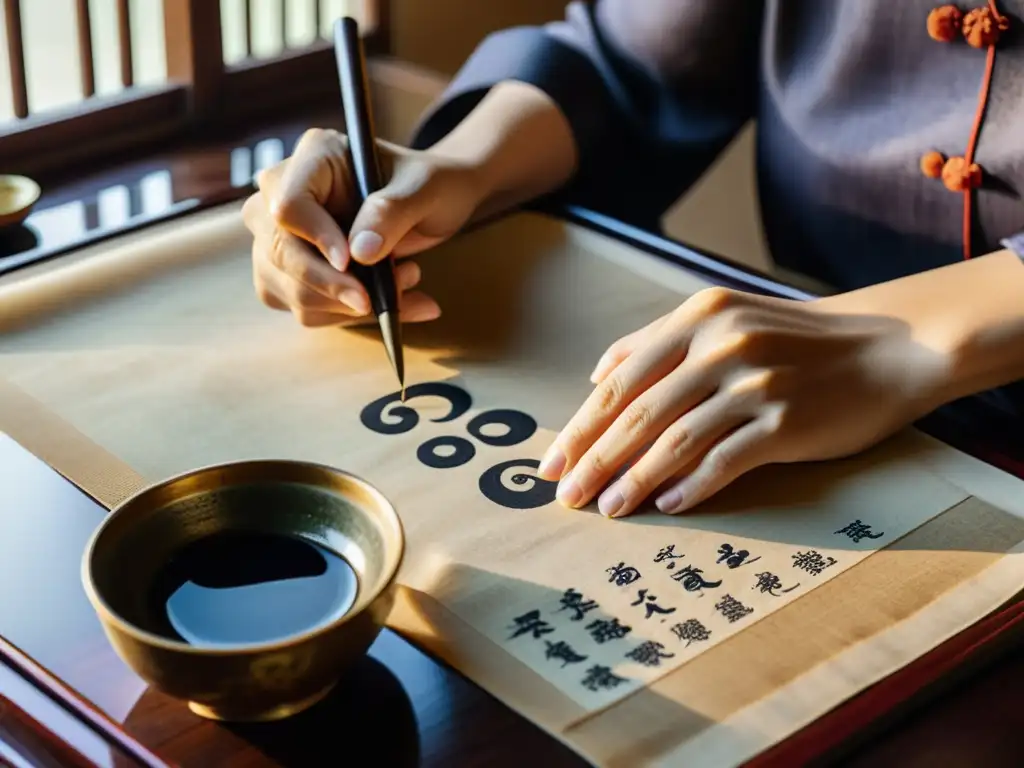 Maestro de la caligrafía china: creando arte Un calígrafo habilidoso crea elegantes caracteres chinos en un rollo de papel de arroz