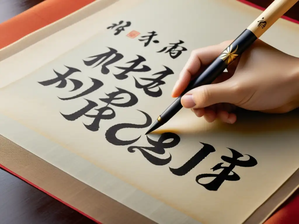 Arte milenario: maestro calígrafo traza Hanzi con gracia Un calígrafo crea hermosos caracteres Hanzi con tinta y pincel, evocando la artesanía atemporal en el sistema de escritura Hanzi