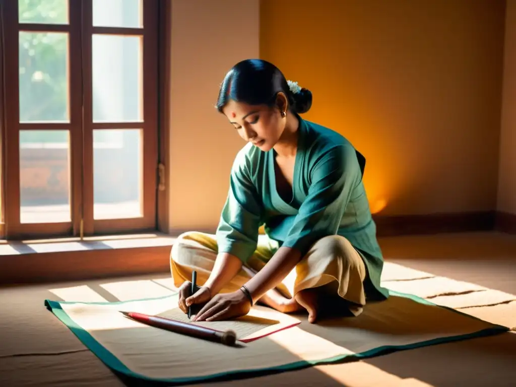 Un calígrafo del sistema de escritura Saurashtra en la India, concentrado en su arte, rodeado de manuscritos antiguos