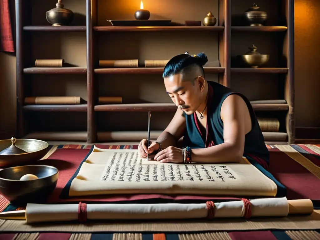 Un calígrafo tibetano escribe con esmero en un pergamino antiguo, rodeado de herramientas y pergaminos antiguos en una habitación cálida y serena