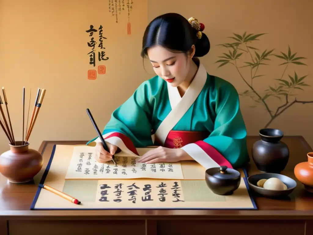 Un calígrafo en hanbok tradicional escribe caracteres coreanos y japoneses en pergamino, rodeado de antiguos rollos y tinteros