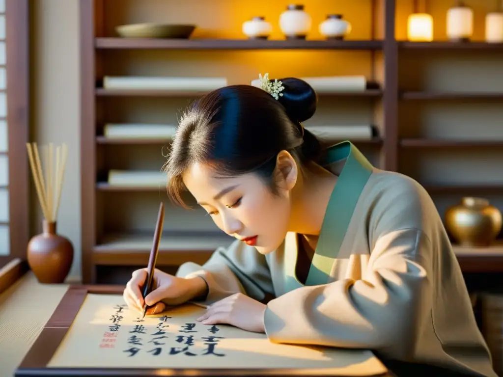 Un calígrafo tradicional coreano crea elegantes caracteres Hangul con cuidado, rodeado de sabiduría histórica y bañado en luz dorada