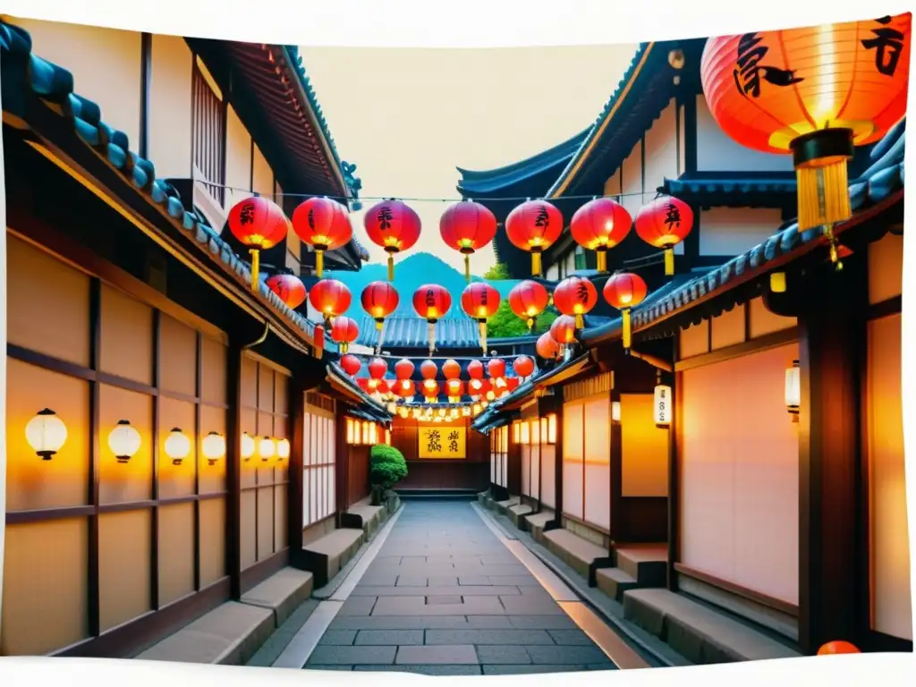 Una calle japonesa tradicional llena de letreros y linternas con kanji, evocando la cultura y encanto de Japón