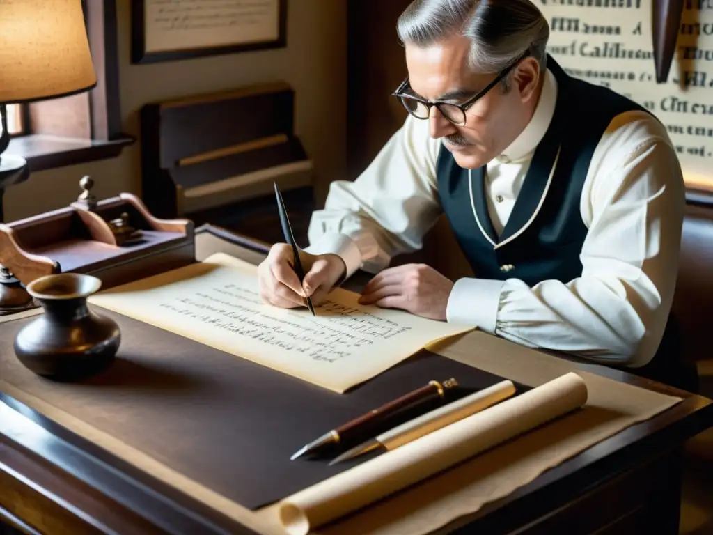 Un callígrafo meticuloso escribe con elegancia en un estudio antiguo, evocando la exhibición de sistemas de escritura artística