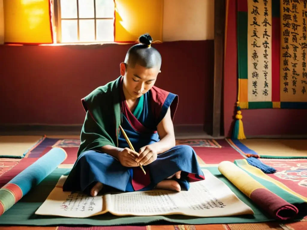 Un callígrafo tibetano escribe con una pluma antigua en un entorno sereno y auténtico