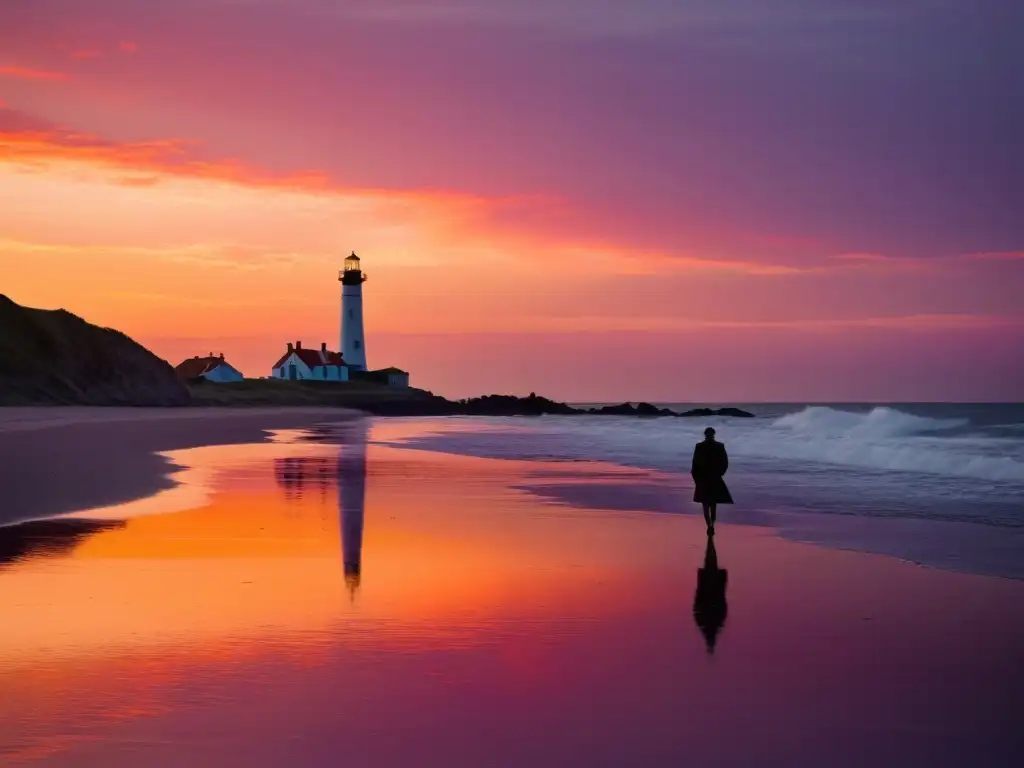 Un caminante solitario reflexiona en una playa al atardecer, con un faro al fondo