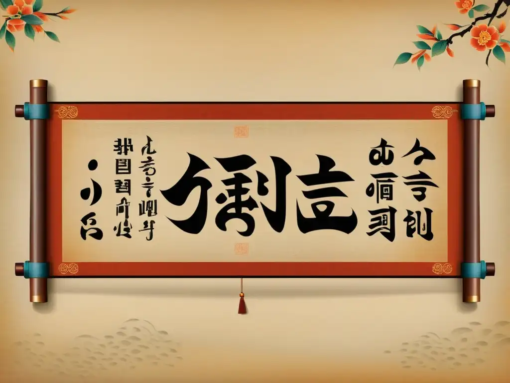 Una ilustración vintage de caracteres hangul en un pergamino tradicional coreano, con detalles intrincados y cálidos colores