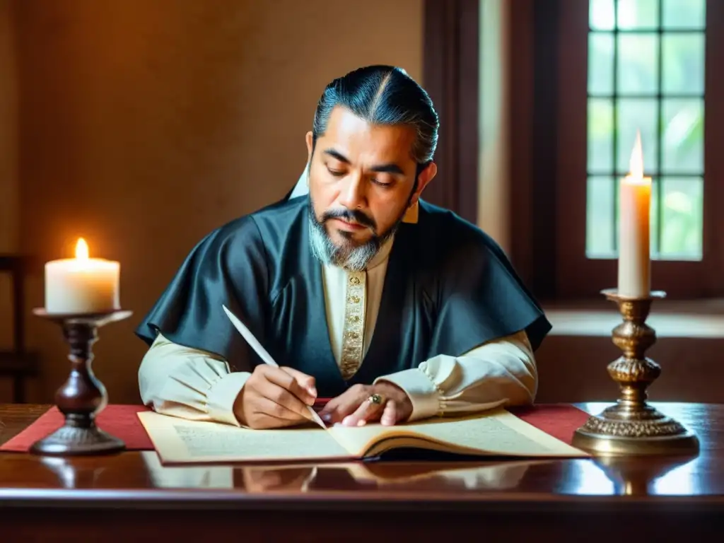 Hernán Cortés escribiendo una carta en una habitación iluminada por una vela, inmerso en la correspondencia de Cortés en América