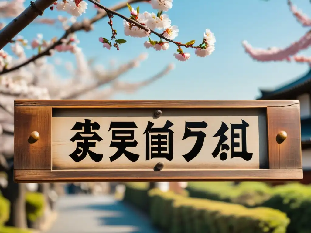 Un cartel tradicional japonés con kanji envejecido y rodeado de flores de cerezo en plena floración