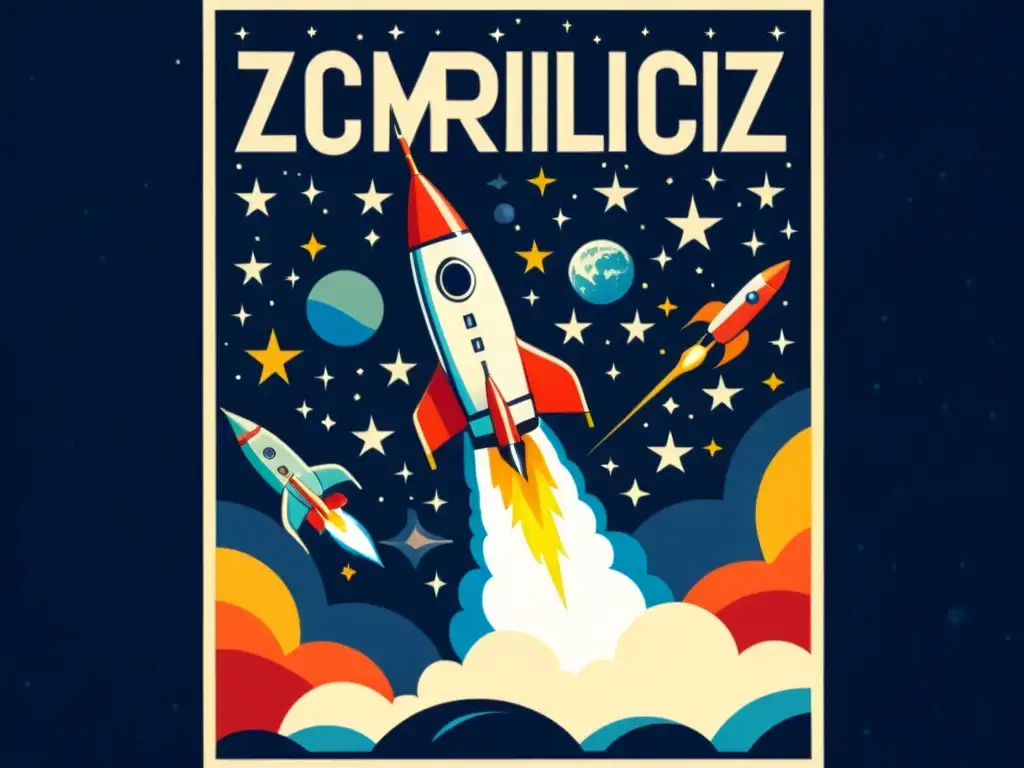 Cartel vintage con cohete y letras cirílicas en la Carrera Espacial, evocando nostalgia y orgullo histórico