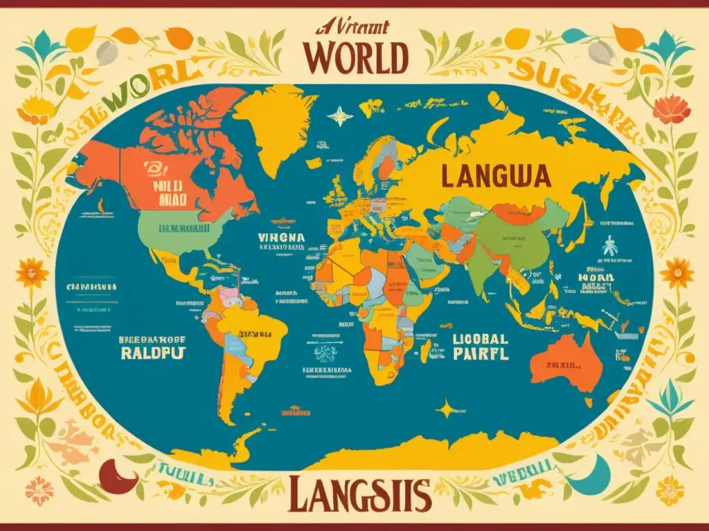 Un cartel vintage vibrante con un mapa del mundo formado por diferentes idiomas y escrituras, rodeado de ilustraciones coloridas de personas de diversas culturas