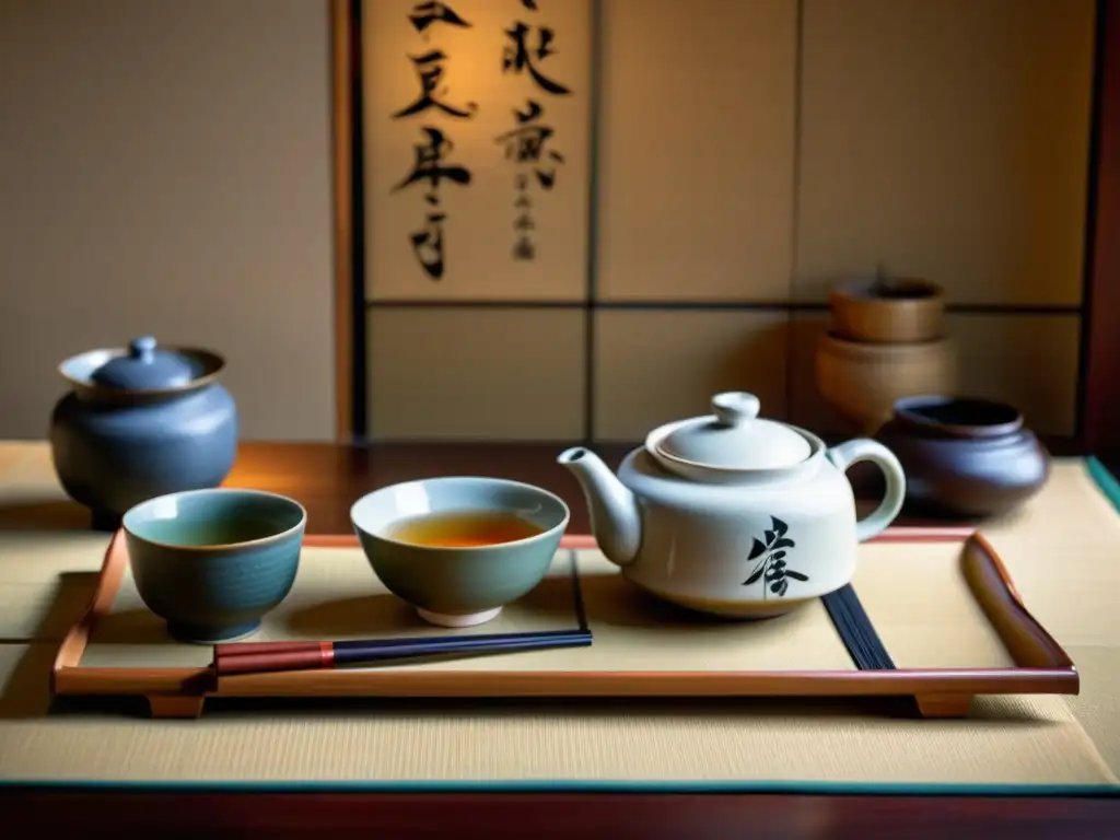 Una ceremonia del té japonesa con caligrafía kanji en utensilios y pergaminos