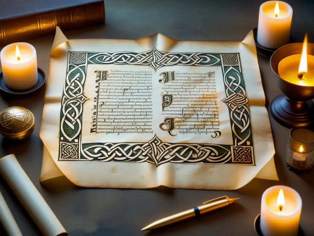 Certificaciones escritura celta historia: Detalle de pergamino con intrincado arte celta y caligrafía, en scriptorium medieval iluminado por velas