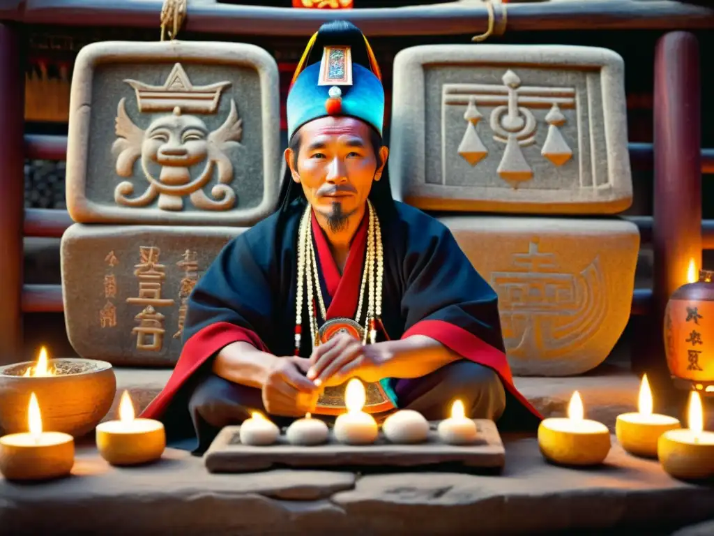 Un chamán Naxi realiza un ritual entre símbolos ideográficos antiguos, iluminados por velas