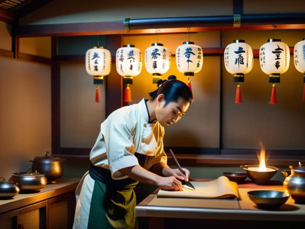 Un chef japonés experto escribe kanji en un pergamino en una cocina tradicional