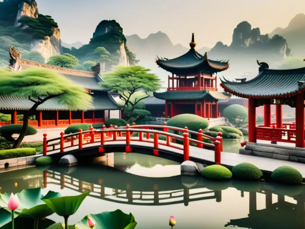 Jardín chino sereno con loto y puente Un jardín chino sereno con un estanque de lotos, puentes arqueados y arquitectura tradicional rodeada de niebla, montañas al fondo