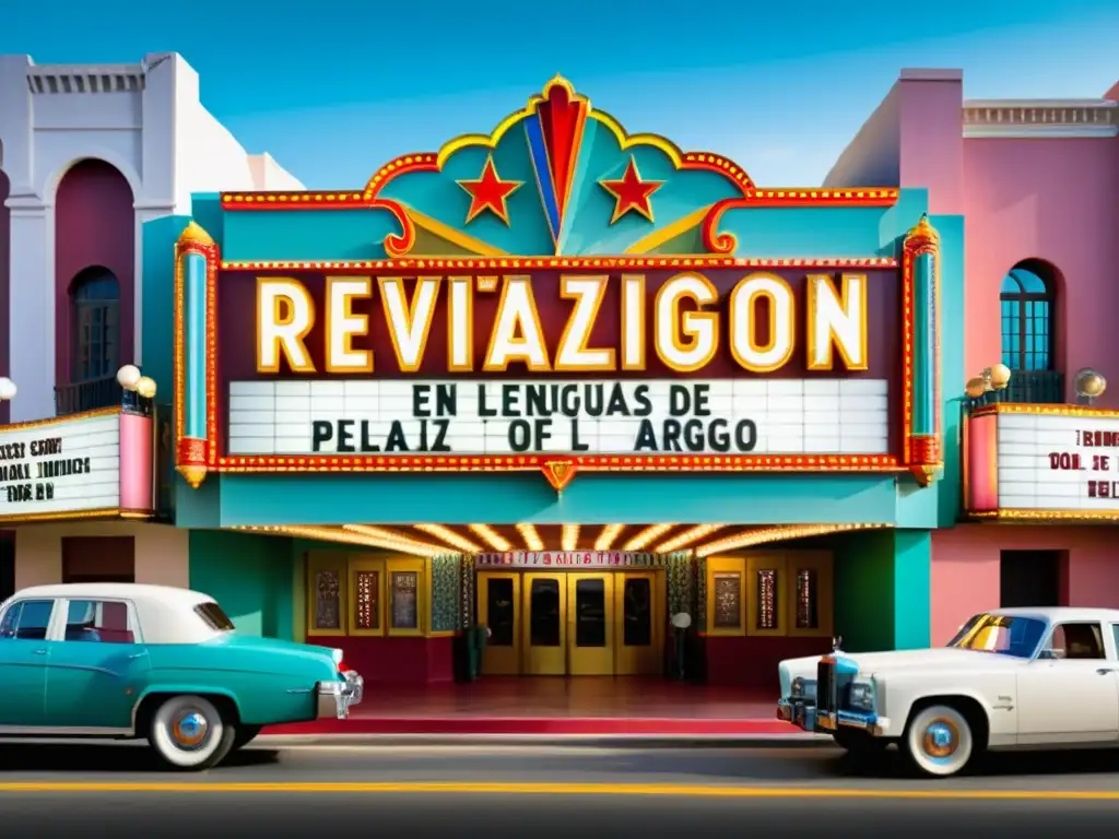 Marquesina de cine vintage con el título 'Revitalización de lenguas en peligro' en letras llamativas y coloridas