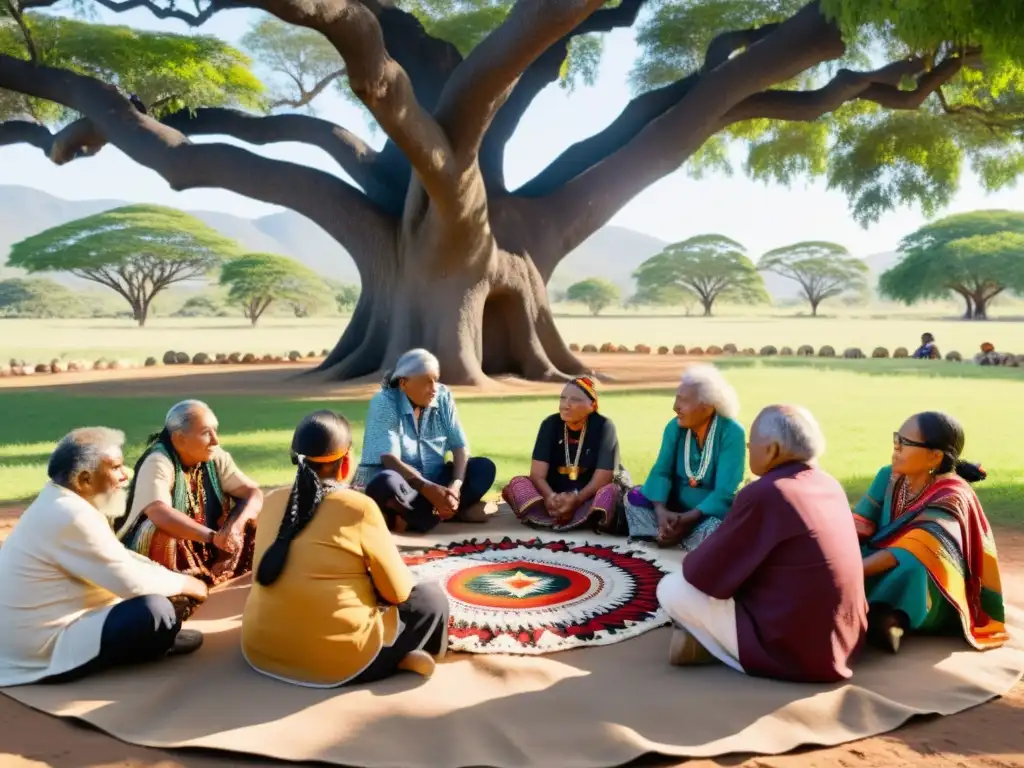 Un círculo de ancianos indígenas se reúne bajo un árbol, discutiendo apasionadamente mientras la luz del sol filtra a través de las hojas